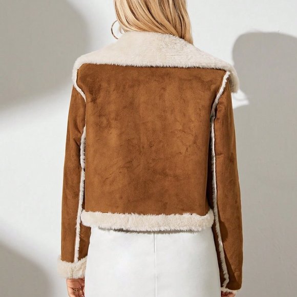 Camel Casual Womens Teddy Lined Double Breasted Faux Suede Jacket - Picture 2 of 5